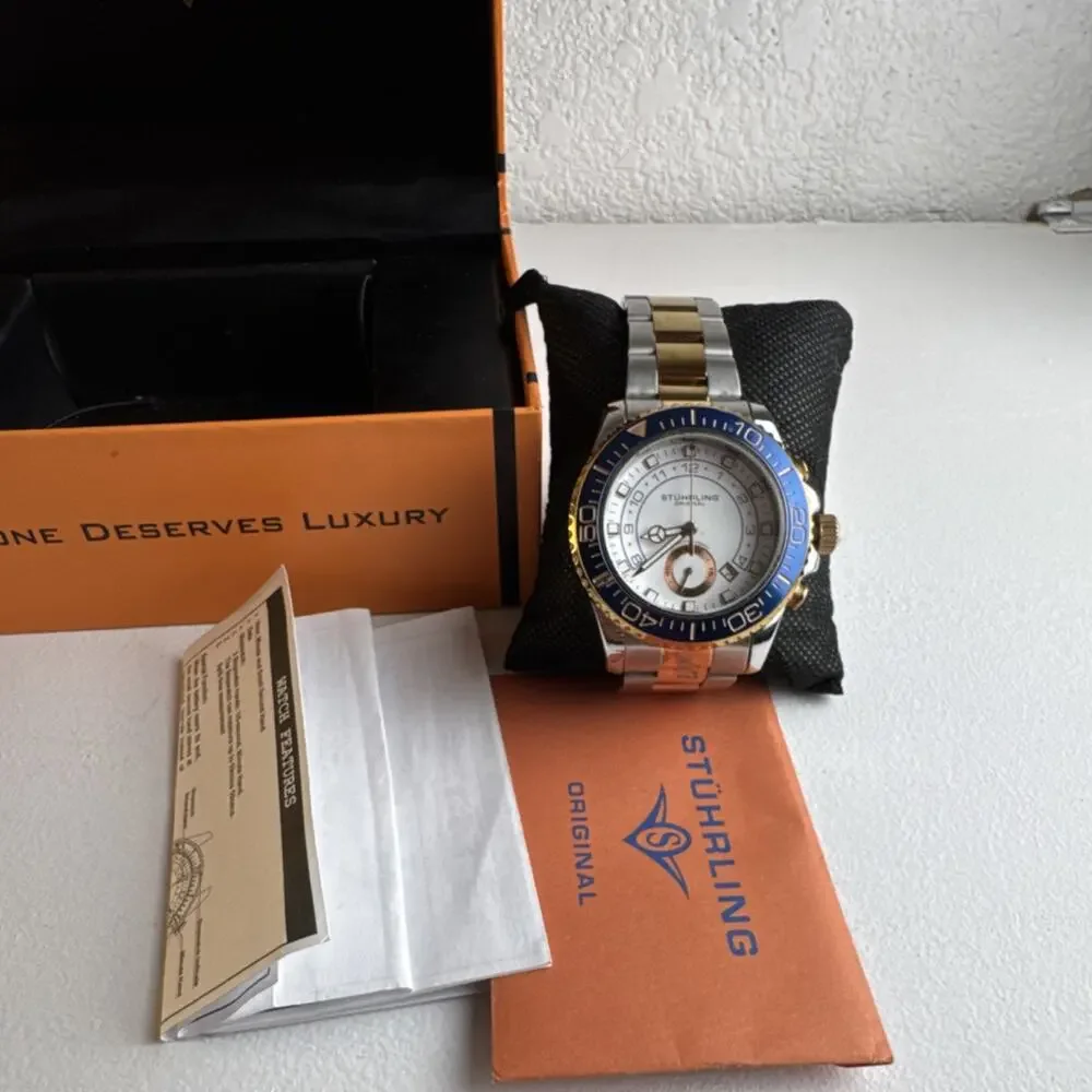 (8014)Stührling Original Men's Quartz Sport Watch SS Bracelet Blue Bezel Box